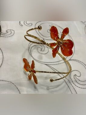 Gold-Tone Bracelet/Arm Cuffwith Orange Flower Accents